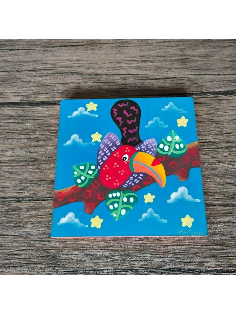 Hand-Painted Toucan Wooden Wall Plaque, Signed & Dated, 5" Vibrant Tropical Art